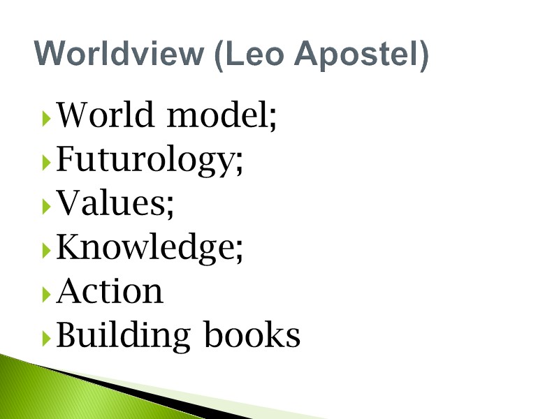 World model; Futurology; Values; Knowledge; Action Building books Worldview (Leo Apostel)